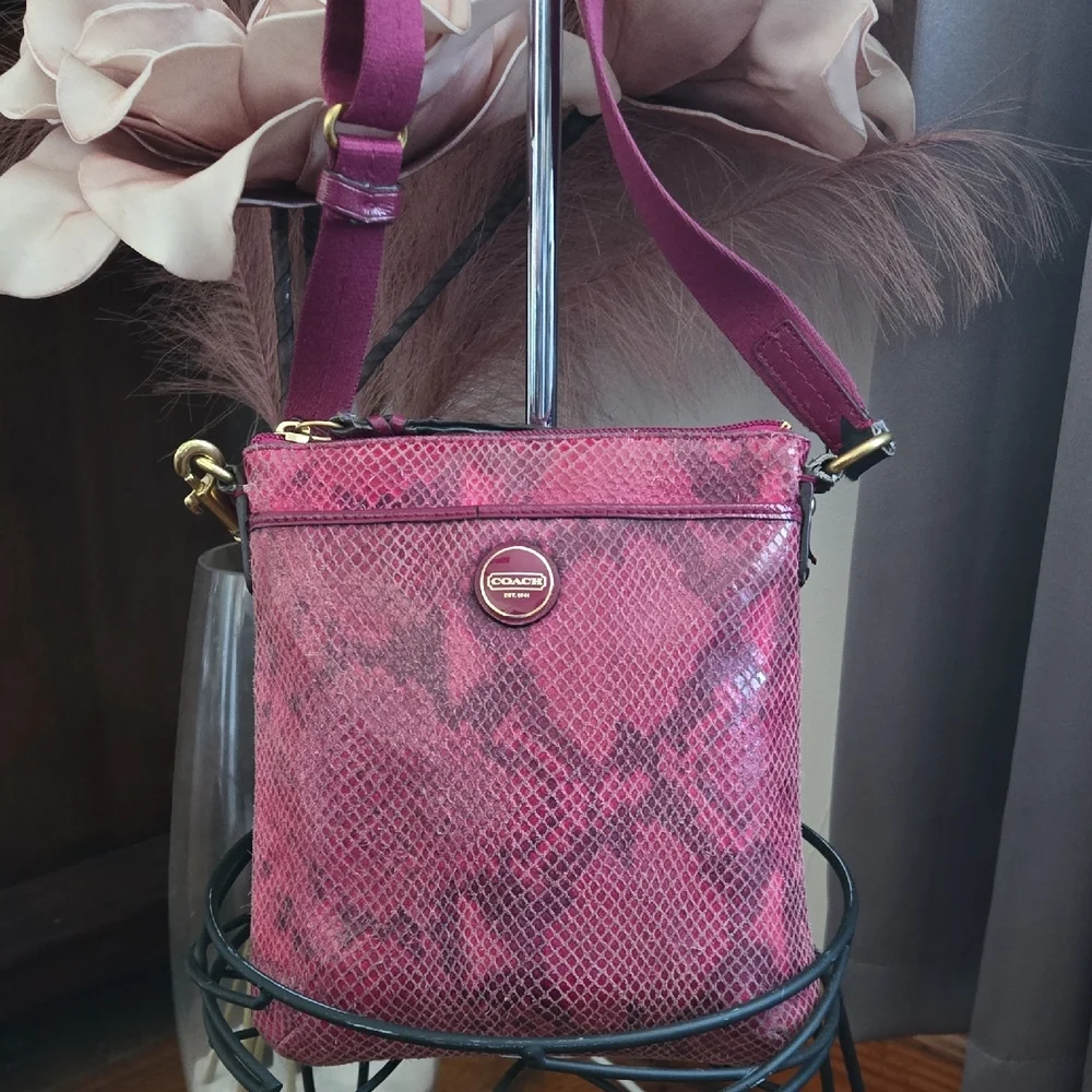 Coach Raspberry/fuchsia Python/snakeskin Embossed  Crossbody Bag